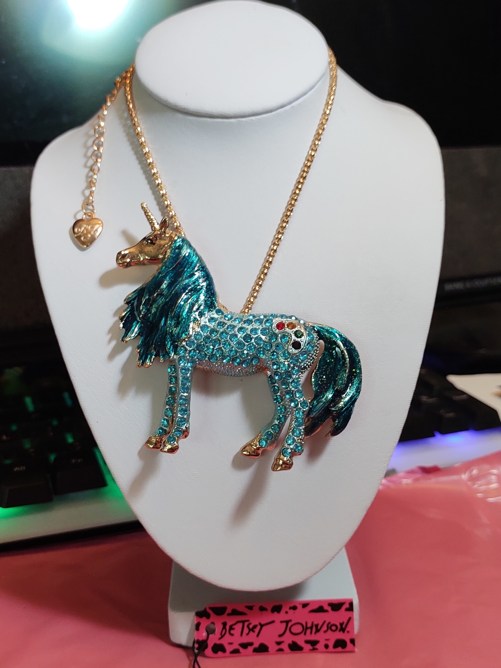 Sparkling Teal Unicorn Pendant Necklace - Picture 2 of 3